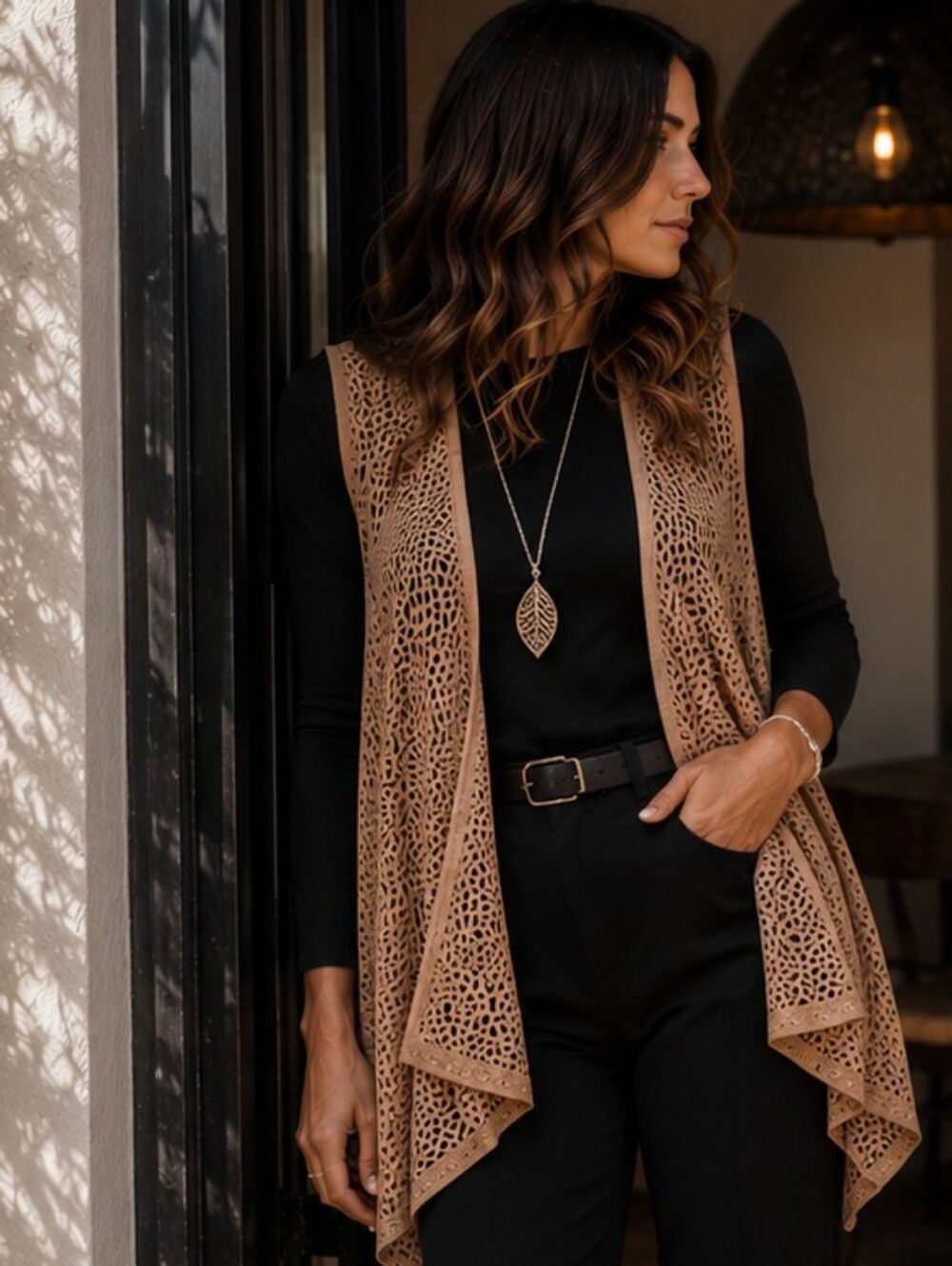 NWT LAMARQUE Genuine Leather Laser Cut Draped Vest Exclusive Piece